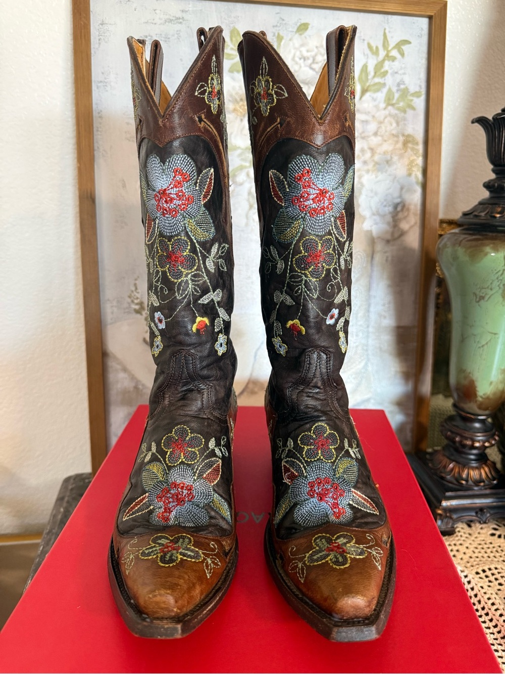 Old Gringo Brown Leather Western Boots with Multicolor Floral Embroidery
